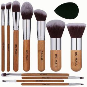 11Pcs Bamboo Makeup Brush Set, Synthetic Kabuki Makeup Brush Set With Storage Bag And Makeup Sponge, USPS Shipping (Option: 11pieces)
